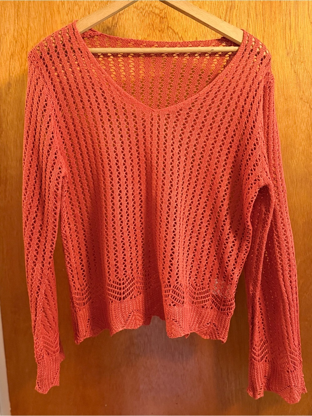 Source Unknown beautiful rust fall color Open-Knit V-Neck Sweater